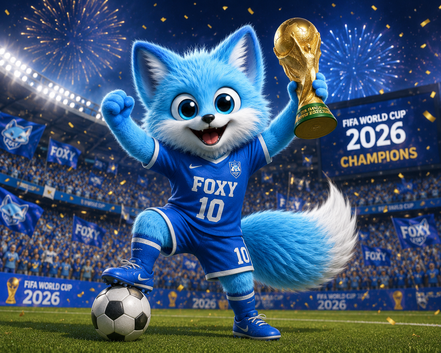 Foxy holding the World Cup trophy